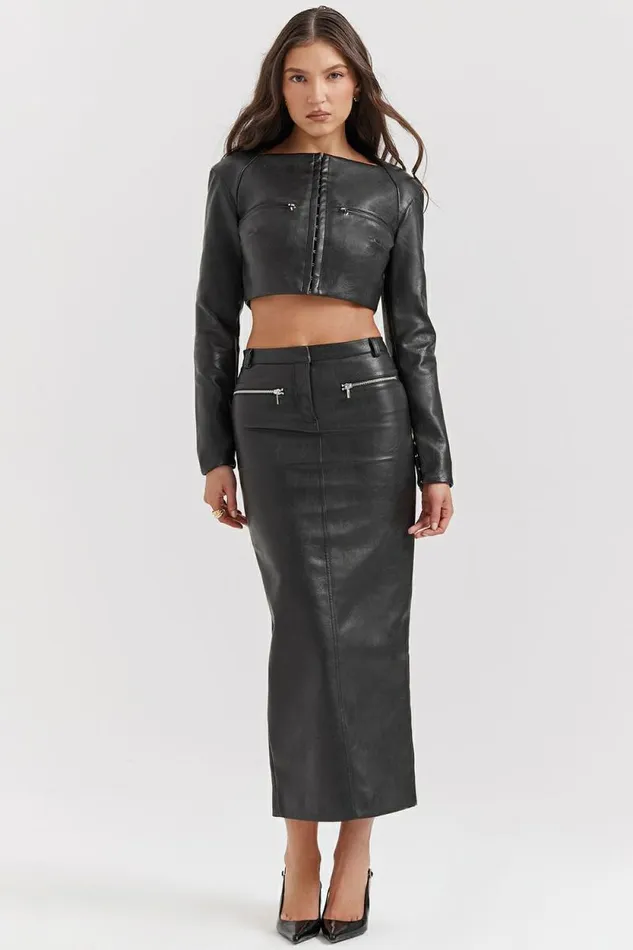 House Of CB Tana Black Vegan Leather Maxi Skirt Women Bottoms