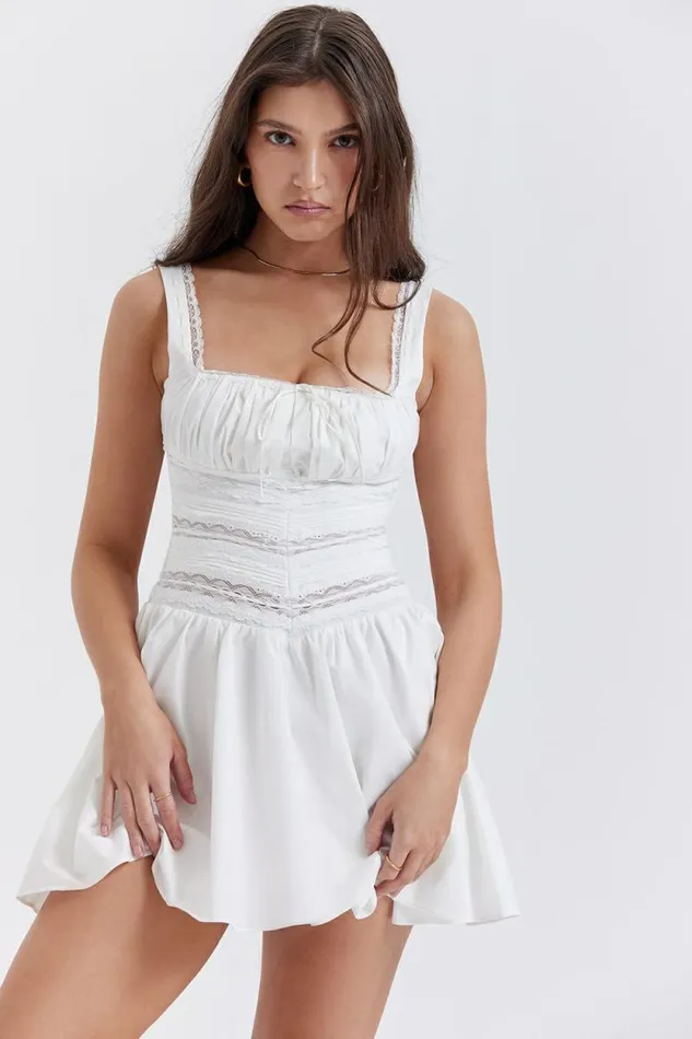 House Of CB Tiffani White Lace Trim Mini Dress Women Dresses