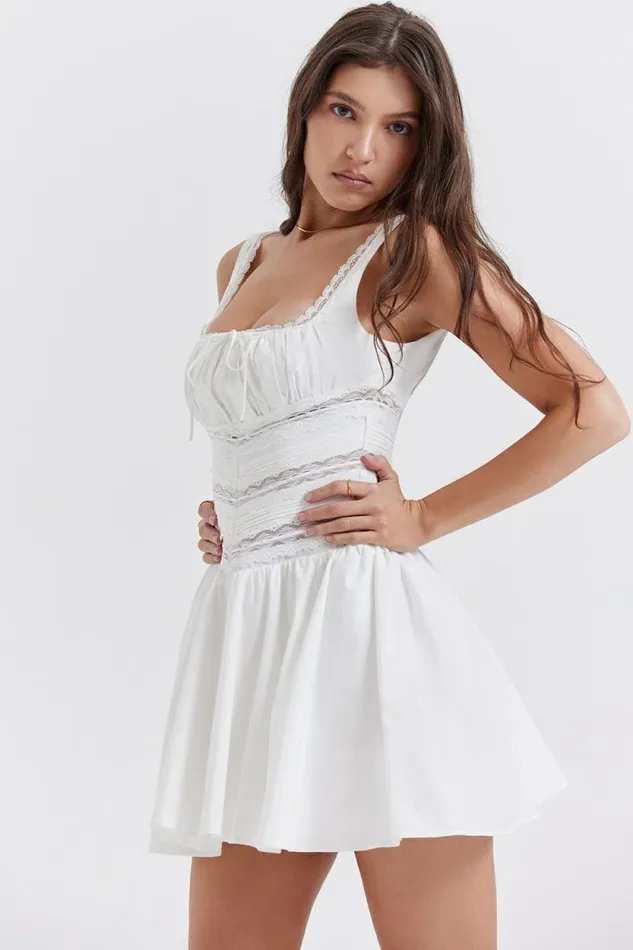 House Of CB Tiffani White Lace Trim Mini Dress Women Dresses