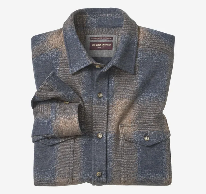 Johnston and Murphy Shirts Men Brushed ButtonFront Knit Brown Boxed Plaid