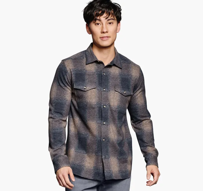 Johnston and Murphy Shirts Men Brushed ButtonFront Knit Brown Boxed Plaid