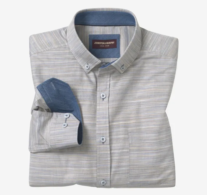 Johnston and Murphy Shirts Men LongSleeve Twill Checked Shirt Bluetan Striated Oxford