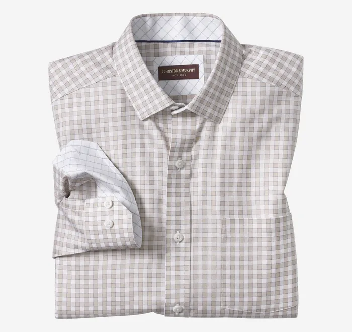 Johnston and Murphy Shirts Men NonIron Dress Shirt Tan Twill Gingham