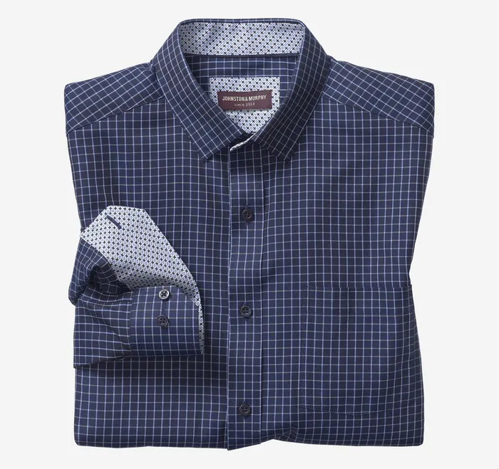 Johnston and Murphy Shirts Men Premium Cotton Shirts Navy Twill Windowpane