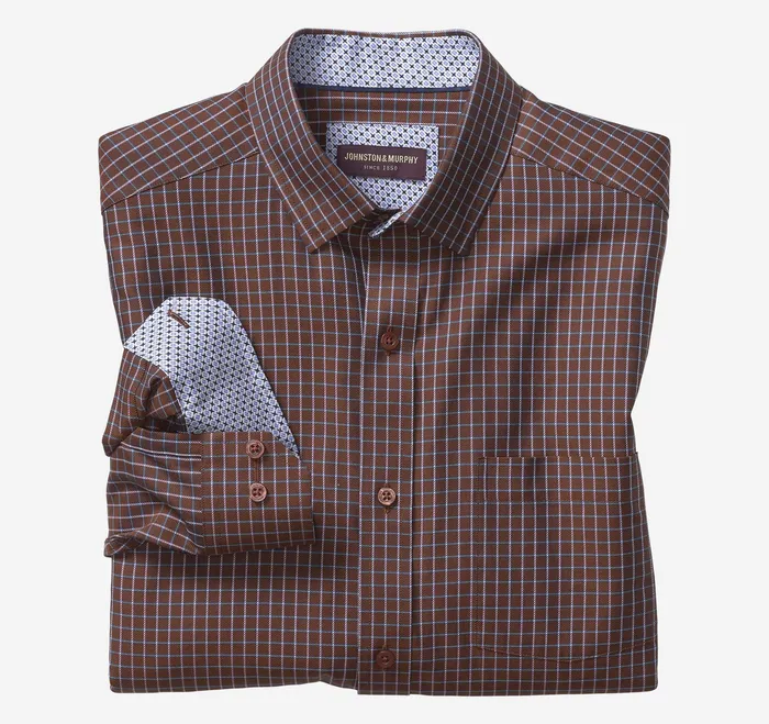 Johnston and Murphy Shirts Men Premium Cotton Shirts Rust Twill Windowpane