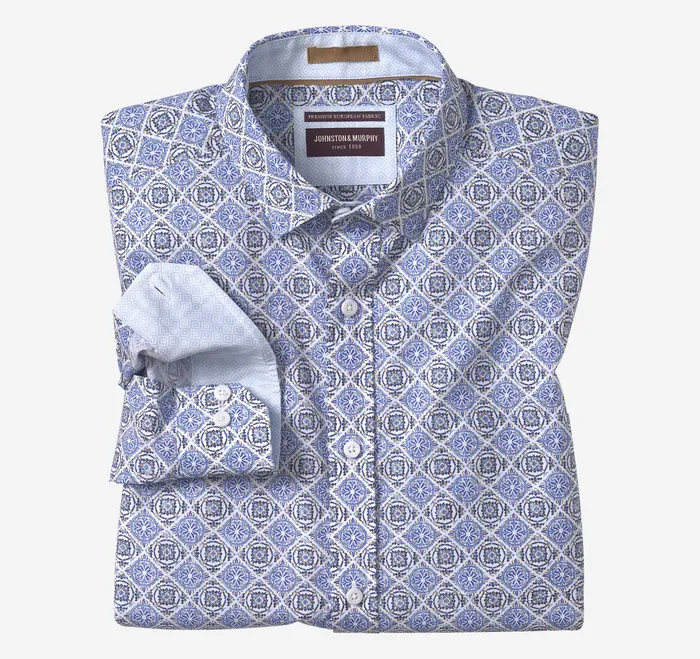 Johnston and Murphy Shirts Men Printed Cotton Shirt Blue Mosaic Tile
