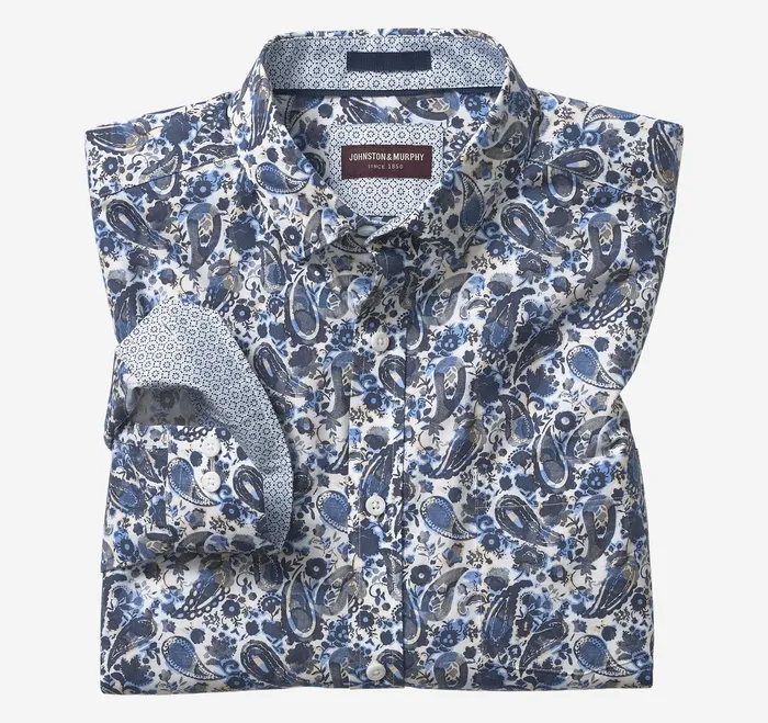 Johnston and Murphy Shirts Men Printed Cotton Shirt Blue Watercolor Paisley