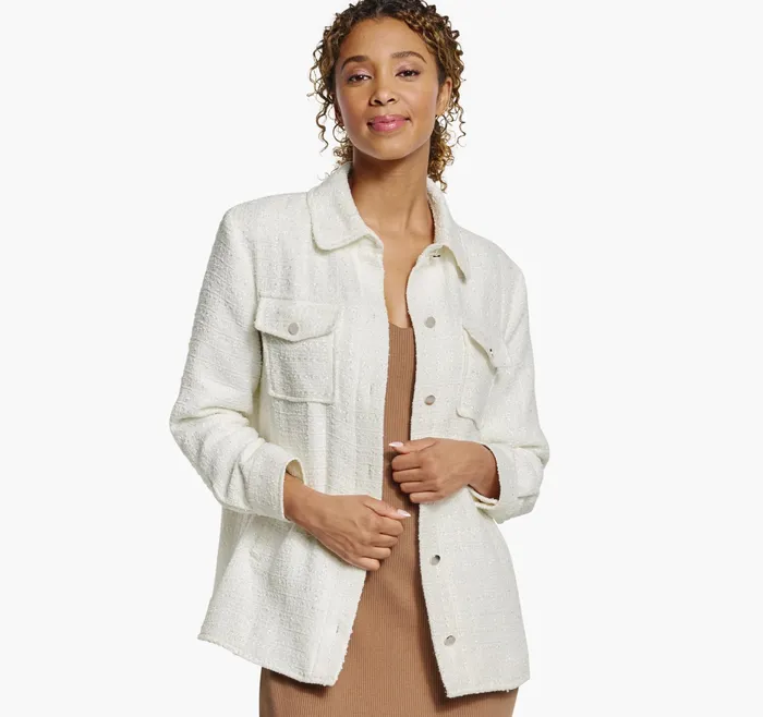 Johnston and Murphy Shirts Sweaters and Blazers Women Boucle Shirt Jacket White
