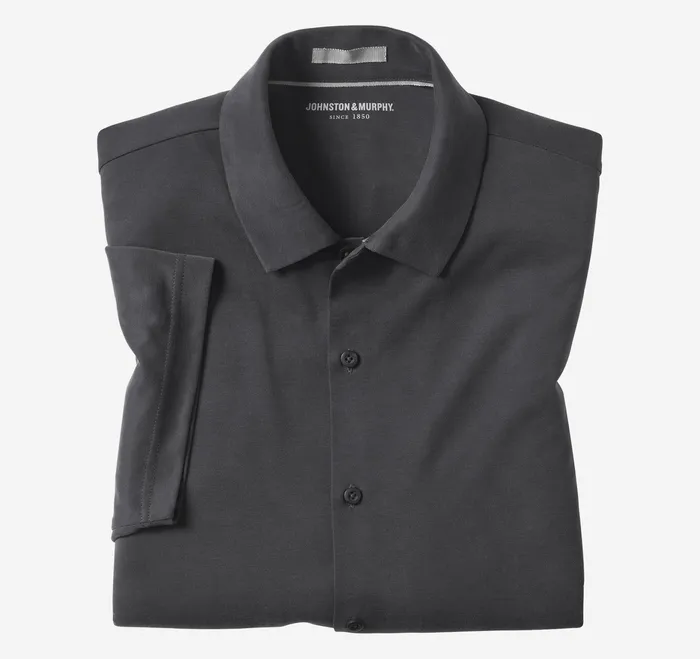 Johnston and Murphy ShortSleeve Shirts Men Vintage Birdseye ButtonFront Shirt Black