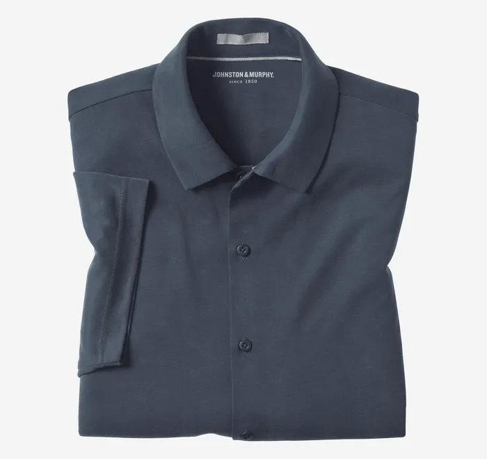Johnston and Murphy ShortSleeve Shirts Men Vintage Birdseye ButtonFront Shirt Navy
