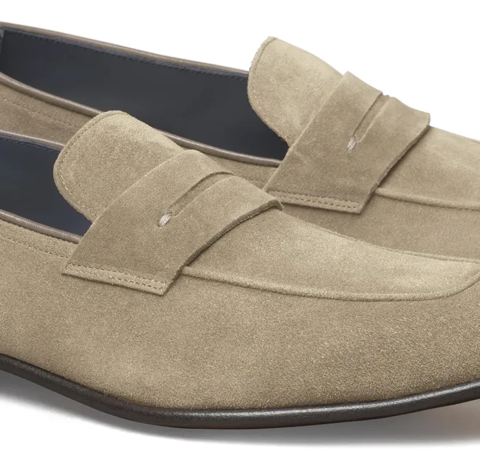 Johnston and Murphy SlipOns and Loafers Men Taylor Penny Loafer Taupe Italian Suede Johnston and Murphy SlipOns and Loafers Men Taylor Penny Loafer Taupe Italian Suede