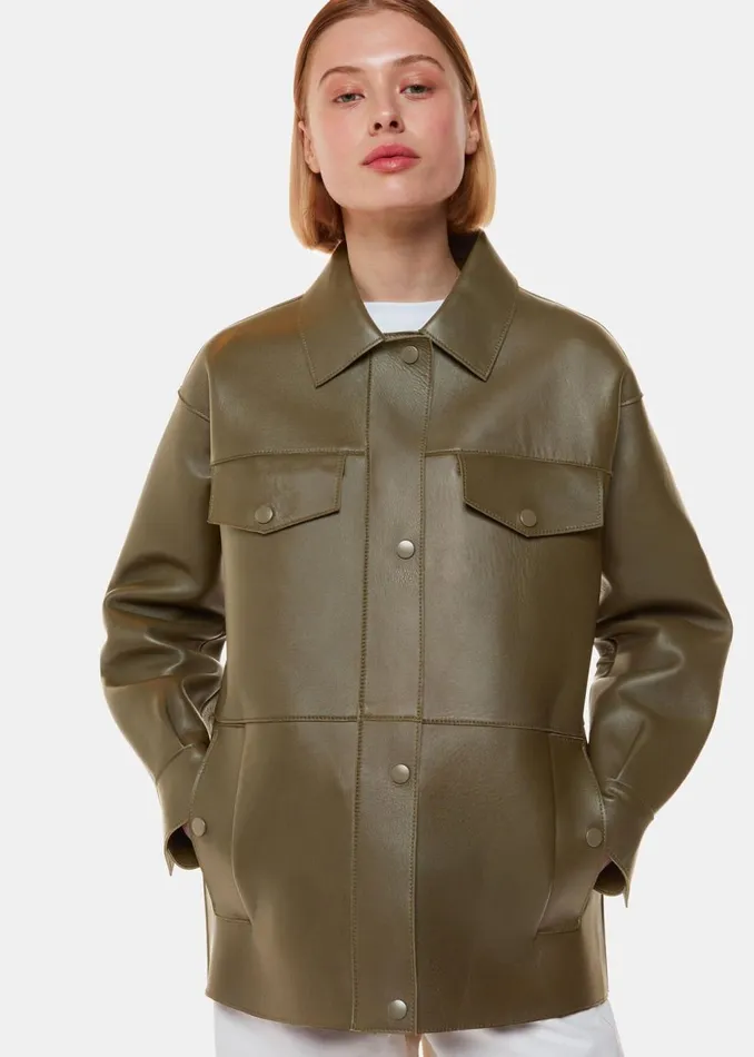 Khaki Clean Bonded Leather Jacket Women Whistles Coats and Jackets