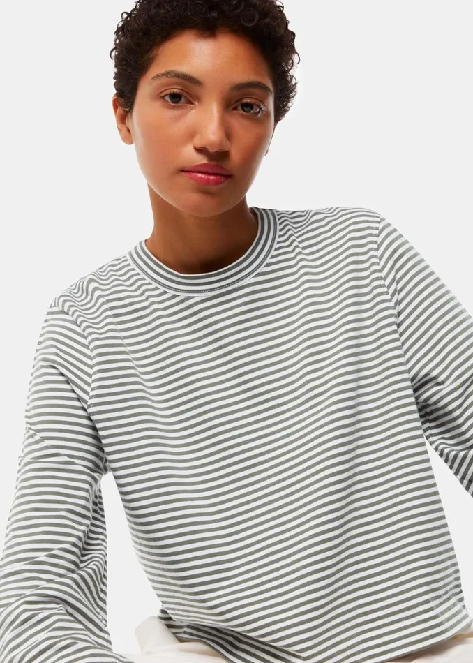 Khaki Stripe Crop Long Sleeve Tee Women Whistles Tops