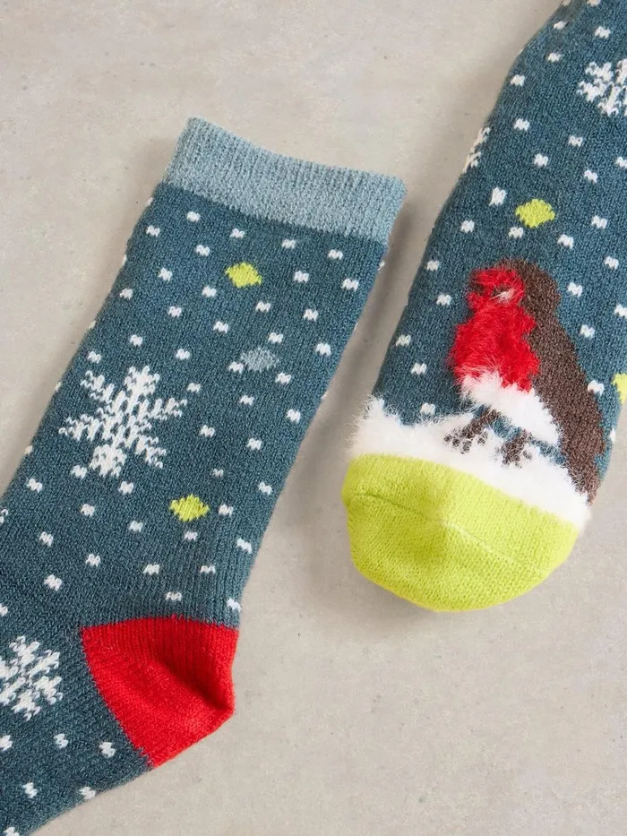 Kissing Robins Cabin Sock Teal Multi Women White Stuff Socks