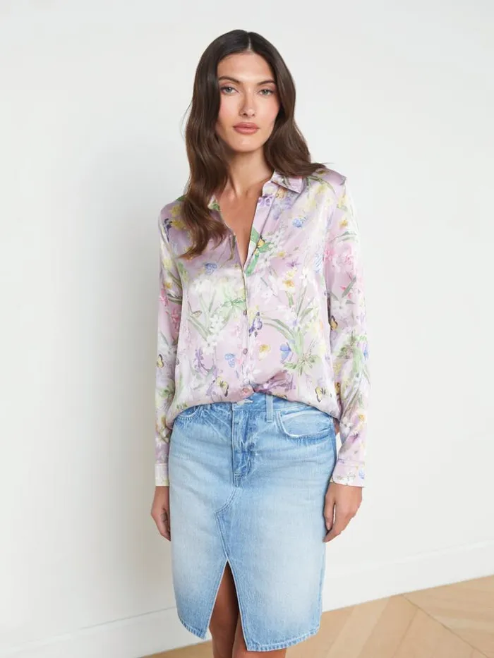 L039Agence Blouses and Tops Women Tyler Silk Blouse Lilac Snow Botanical Butterfly