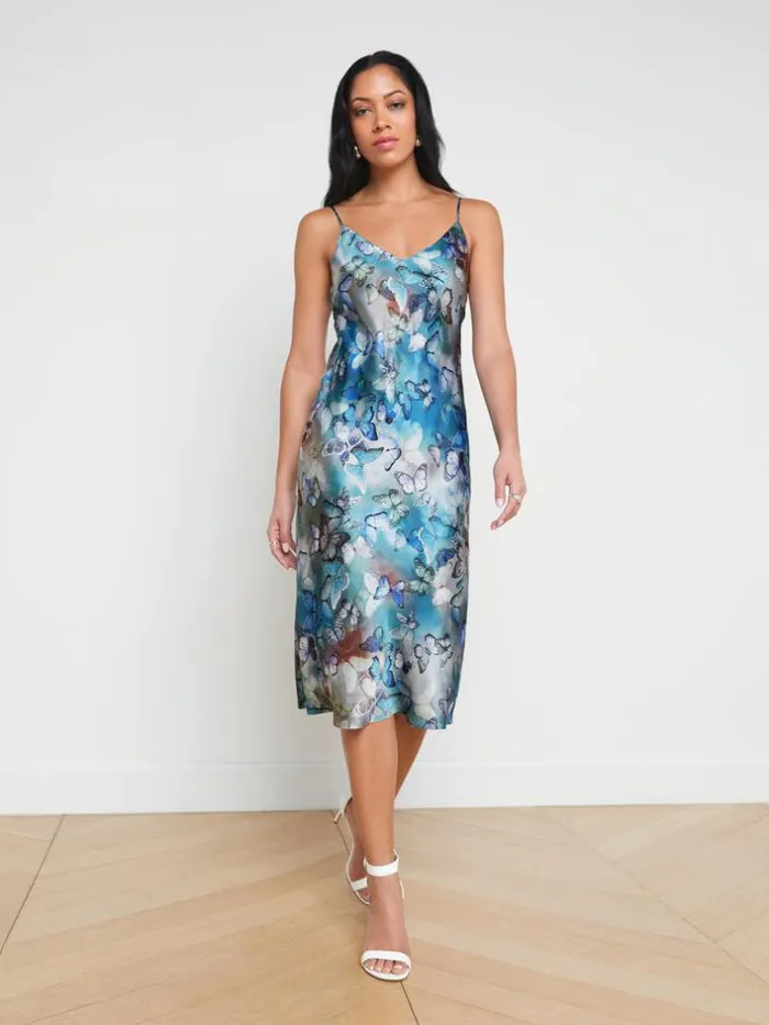 L039Agence Dresses and Jumpsuits Women Jodie Silk Slip Dress Multi Butterfly Cloud