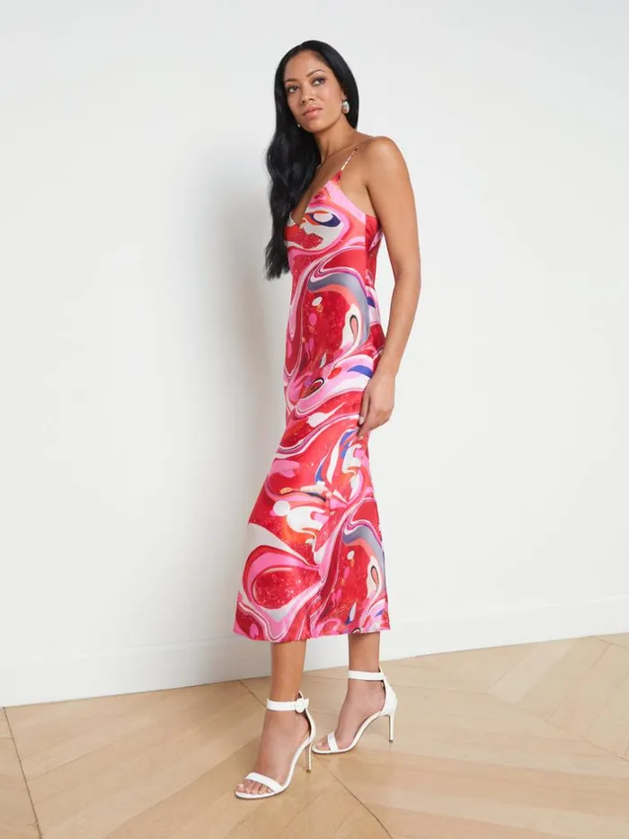 L039Agence Dresses and Jumpsuits Women Seridie Silk Slip Dress Pink Multi Tie Dye Swirl
