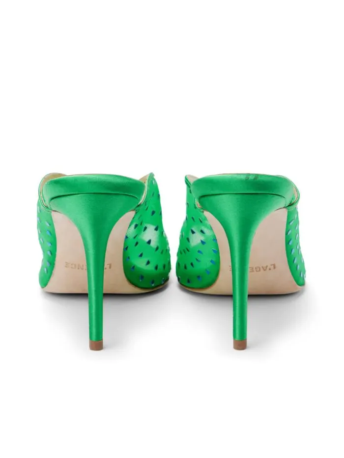 L039Agence Heels and Pumps Women Germain Open Toe Mule Amazon Green Satin