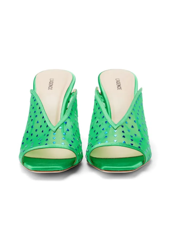 L039Agence Heels and Pumps Women Germain Open Toe Mule Amazon Green Satin