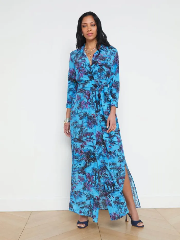 L039Agence Silks Women Cameron Silk Maxi Shirt Dress Blue Multi Jungle Toile