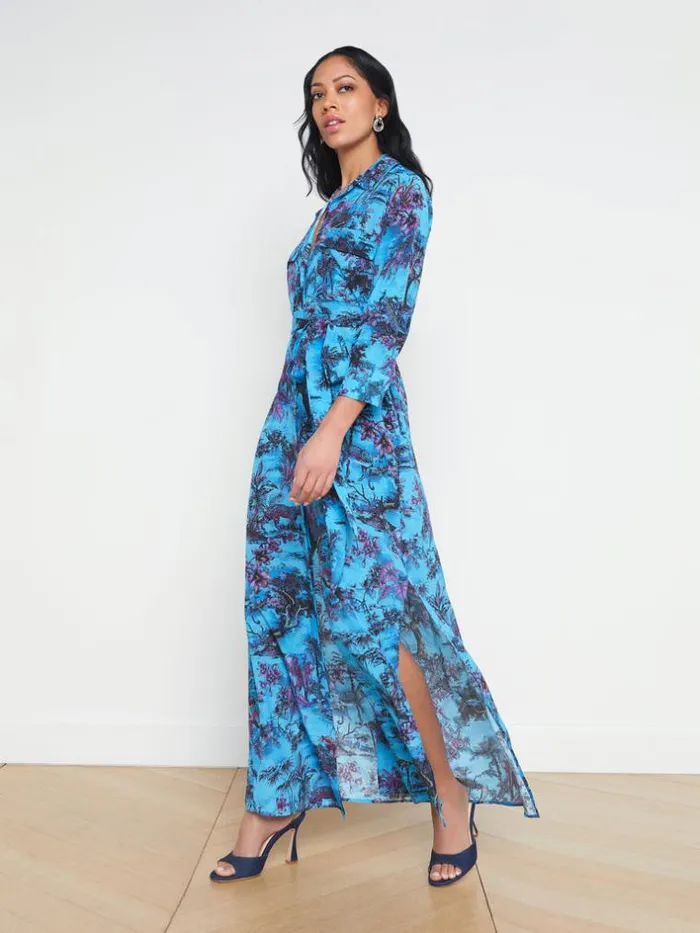 L039Agence Silks Women Cameron Silk Maxi Shirt Dress Blue Multi Jungle Toile