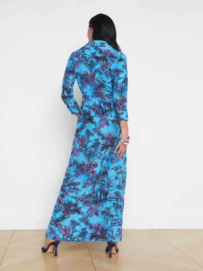 L039Agence Silks Women Cameron Silk Maxi Shirt Dress Blue Multi Jungle Toile