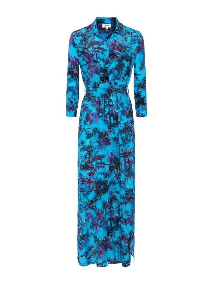 L039Agence Silks Women Cameron Silk Maxi Shirt Dress Blue Multi Jungle Toile