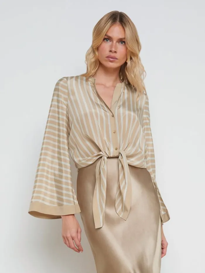 L039Agence Silks Women Charlize TieFront Blouse Almondchampagne Stripe
