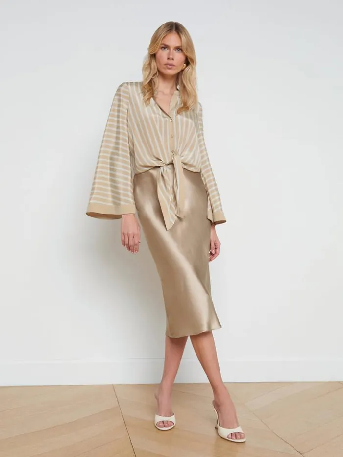 L039Agence Silks Women Charlize TieFront Blouse Almondchampagne Stripe