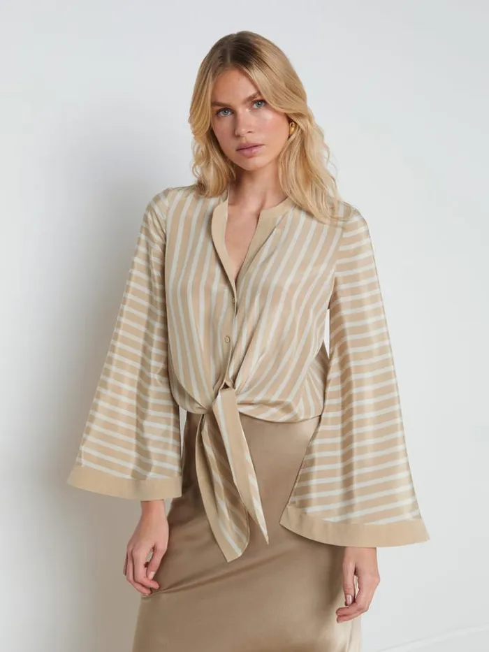 L039Agence Silks Women Charlize TieFront Blouse Almondchampagne Stripe