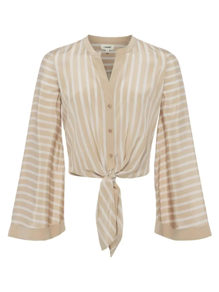 L039Agence Silks Women Charlize TieFront Blouse Almondchampagne Stripe