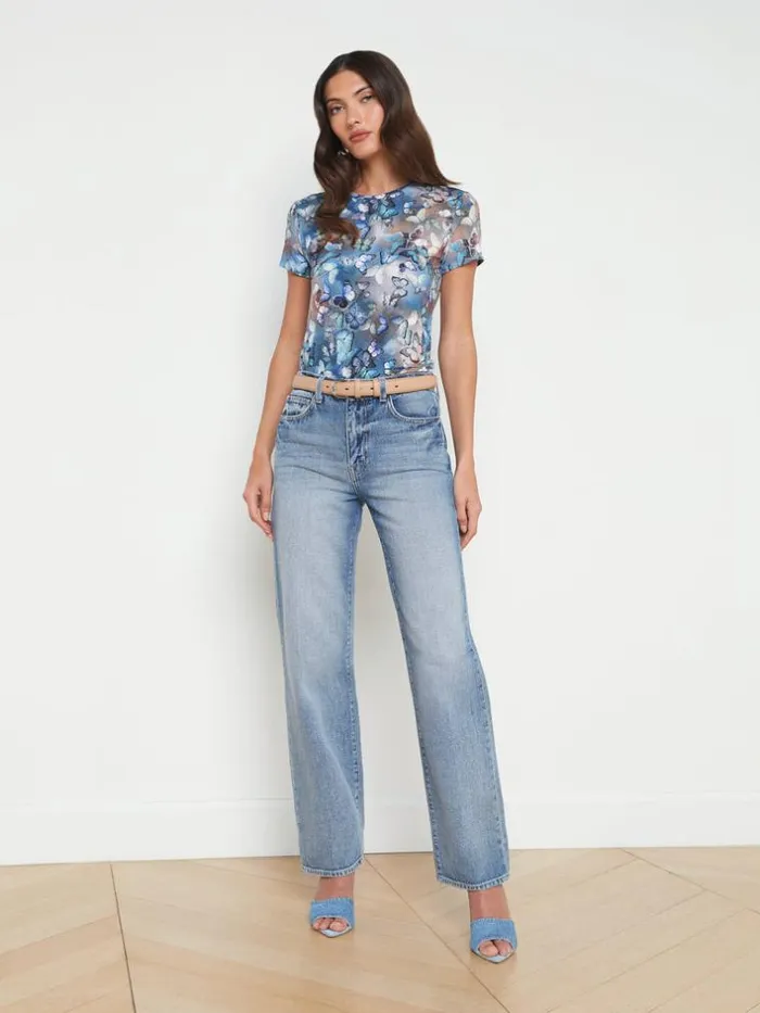 L039Agence Tees Women Ressi Fitted Tee Blue Multi Cloud Butterfly