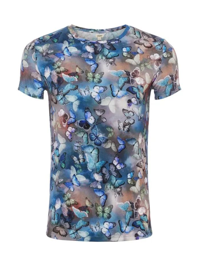 L039Agence Tees Women Ressi Fitted Tee Blue Multi Cloud Butterfly