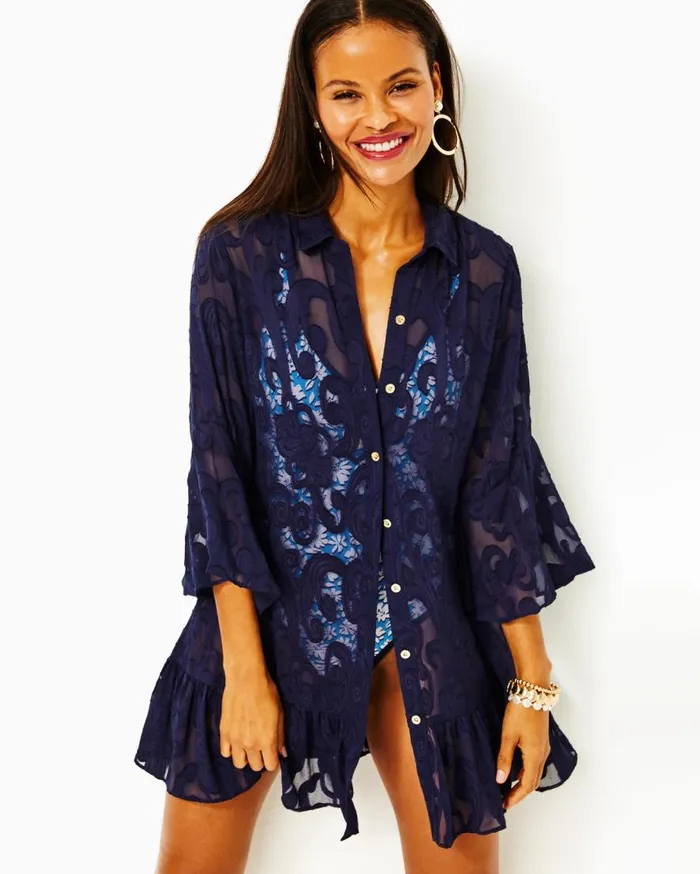 Lilly Pulitzer Swim Linley CoverUp Resort White Poly Crepe Swirl Clip 8211 Women