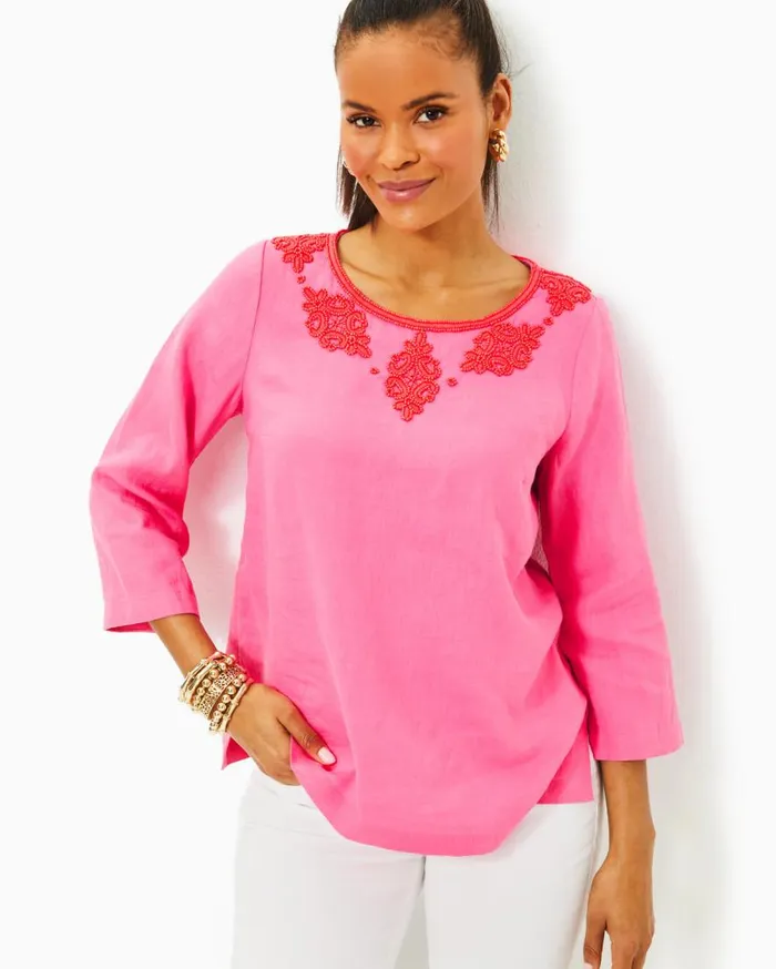 Lilly Pulitzer Tops Elyn Beaded Linen Top Confetti Pink 8211 Women