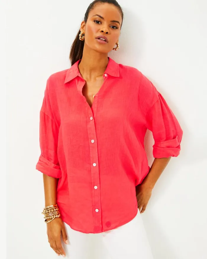Lilly Pulitzer Tops Stevey Relaxed Button Down Linen Shirt Mizner Red 8211 Women