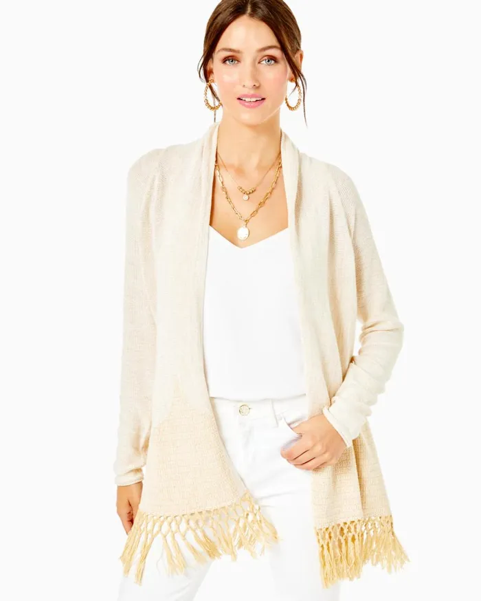 Lilly Pulitzer Tops Tatum Long Fringe Hem Cardigan Gold Metallic 8211 Women