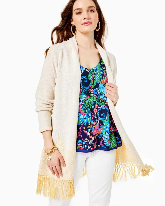 Lilly Pulitzer Tops Tatum Long Fringe Hem Cardigan Gold Metallic 8211 Women