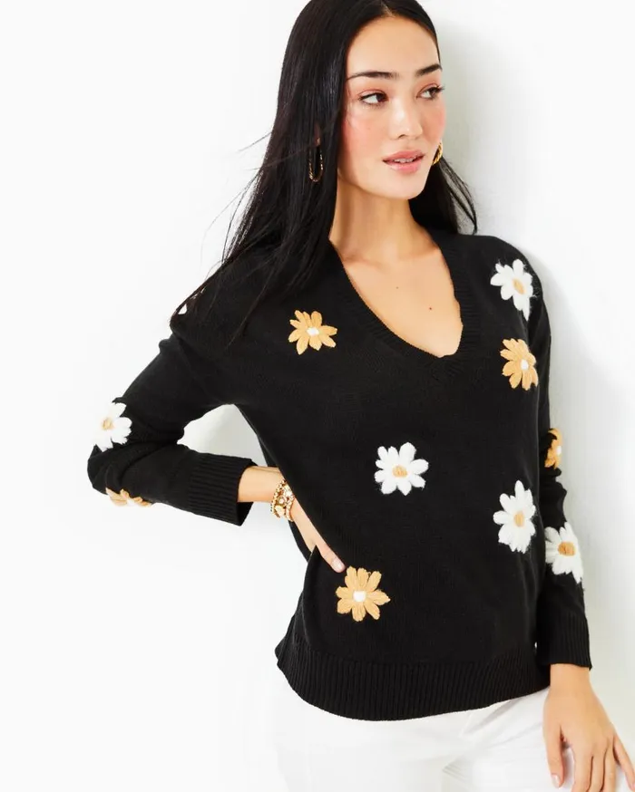 Lilly Pulitzer Tops Tensley Sweater Black Blooming Embroidery 8211 Women