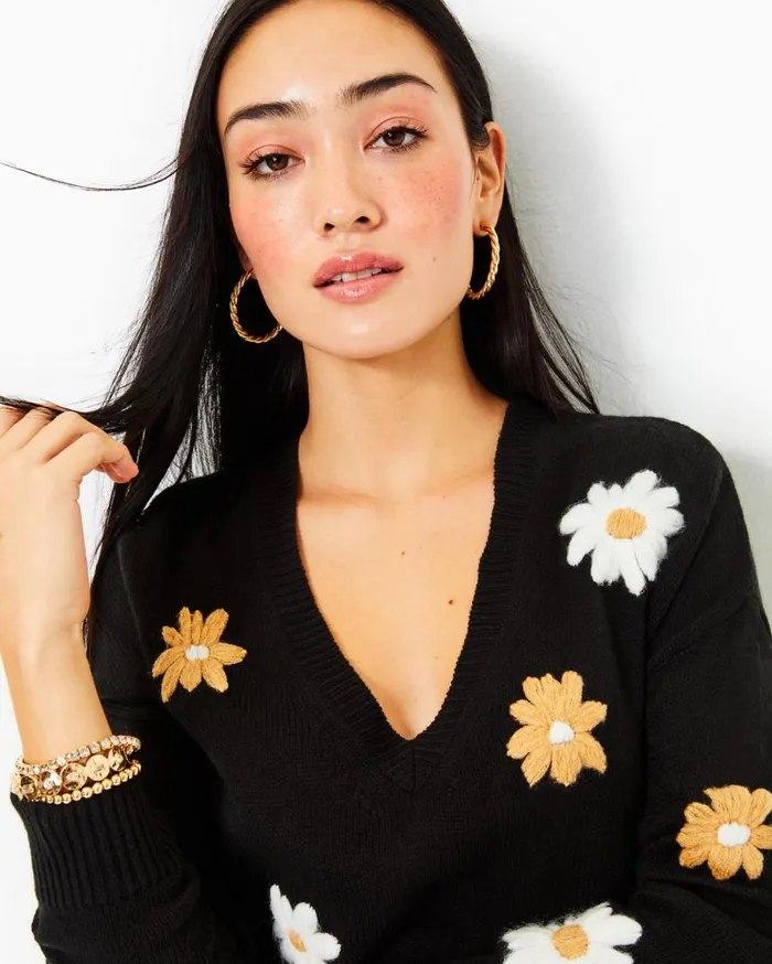 Lilly Pulitzer Tops Tensley Sweater Black Blooming Embroidery 8211 Women