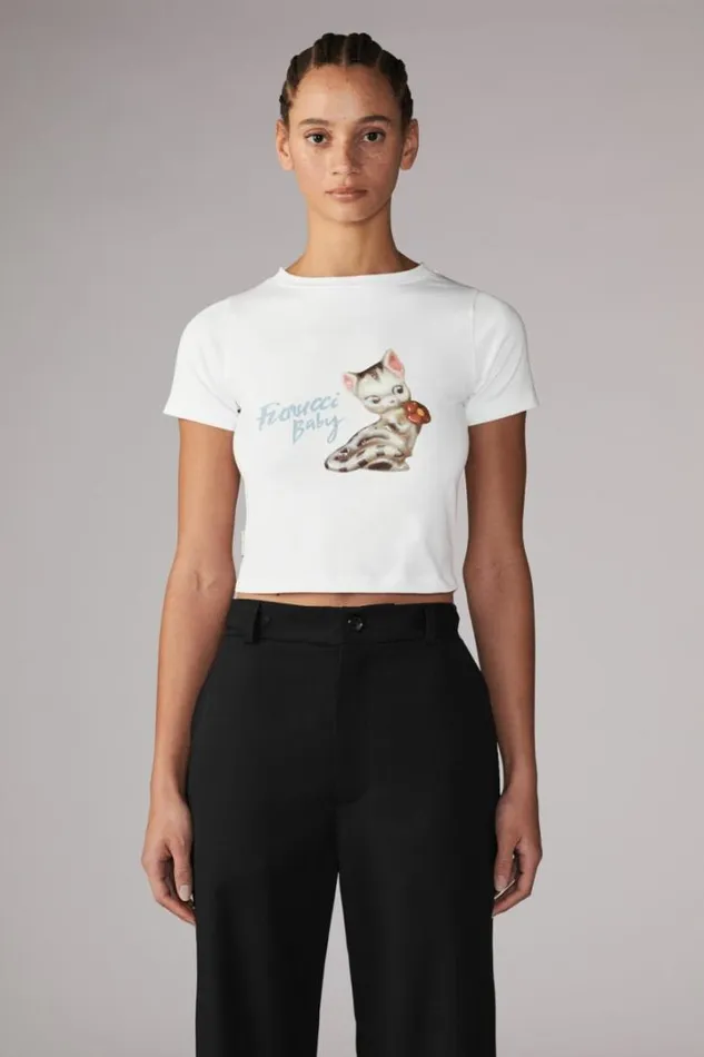 Logo Kitten Baby TShirt White White Women Fiorucci Logo Kitten Baby TShirt White White Women Fiorucci