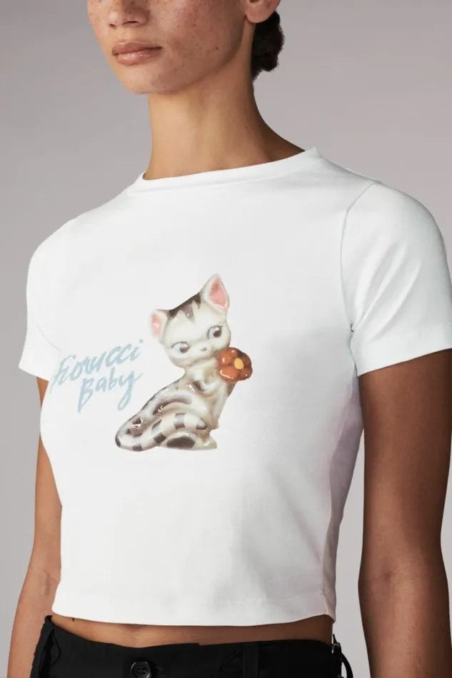 Logo Kitten Baby TShirt White White Women Fiorucci Logo Kitten Baby TShirt White White Women Fiorucci