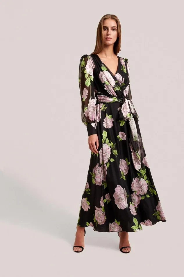 Luisa Spagnoli Formal Dresses Women Gaeli Long Flowered Dress Black Pink Background