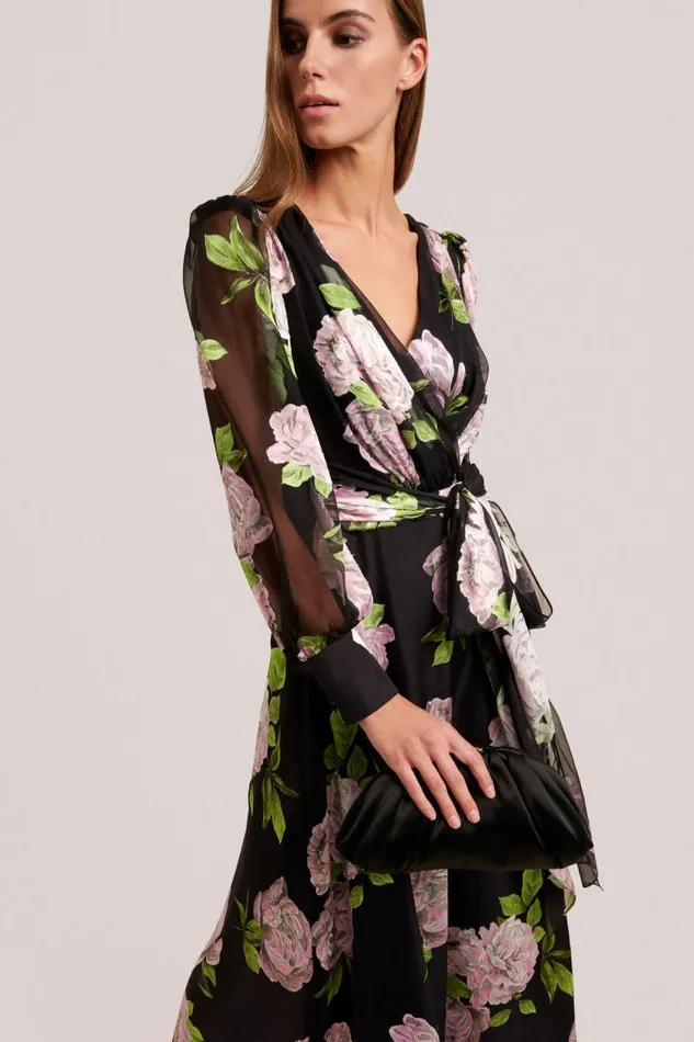 Luisa Spagnoli Formal Dresses Women Gaeli Long Flowered Dress Black Pink Background Luisa Spagnoli Formal Dresses Women Gaeli Long Flowered Dress Black Pink Background