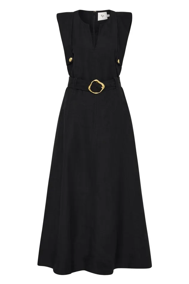Lyric Belted Midi Dress Black Women Aje Dresses Lyric Belted Midi Dress Black Women Aje Dresses