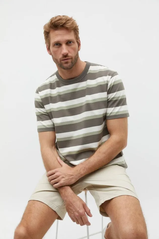 Man Crew Stripe Tee Pale Olive Multi Seed Heritage TShirts and Sweaters
