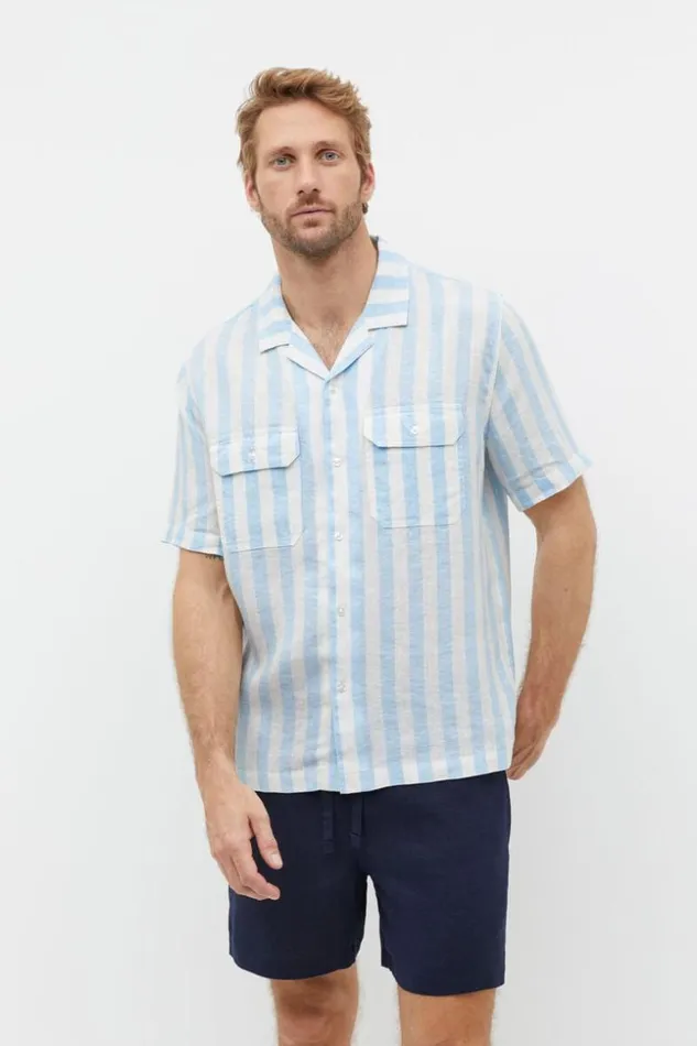 Man Linen Utility Shirt Clear Blue Stripe Seed Heritage TShirts and Sweaters