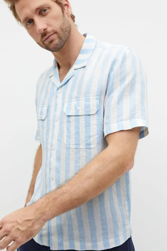 Man Linen Utility Shirt Clear Blue Stripe Seed Heritage TShirts and Sweaters