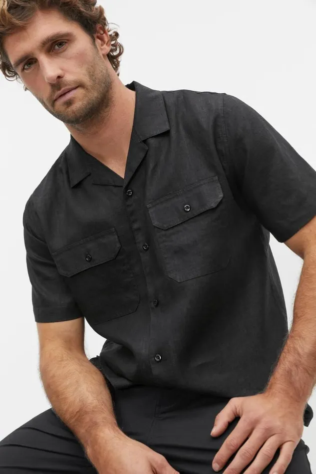 Man Linen Utility Shirt True Black Seed Heritage TShirts and Sweaters