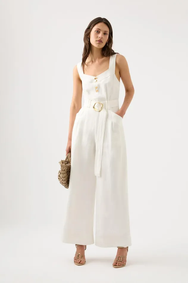 Maya Pintuck Wide Leg Jumpsuit Ivory Women Aje Playsuits and Jumpsuits